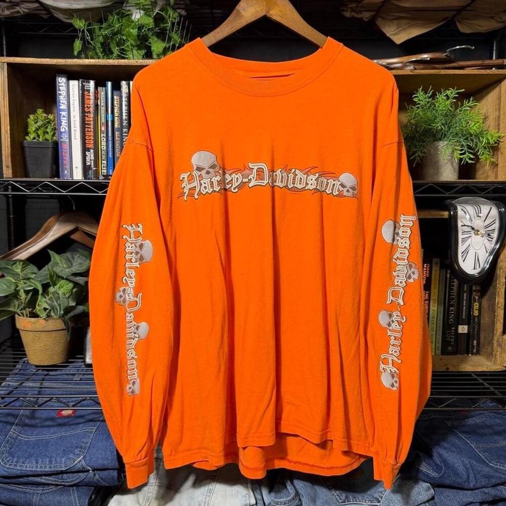Vintage Y2K Harley Davidson Skull Spellout Sleeve Hits Biker Tee Shirt Mens XL